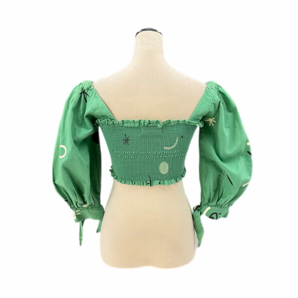 Capulet Gracia Smocked Puffed Sleeve Linen Cotton Green Carnivale Print Crop Top - Picture 4 of 13
